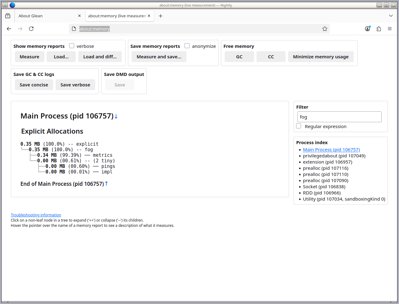 <p><em>about:memory on a freshly launched developer build of Firefox. fog reports 0.35 MB of allocated memory in the main process.</em></p>