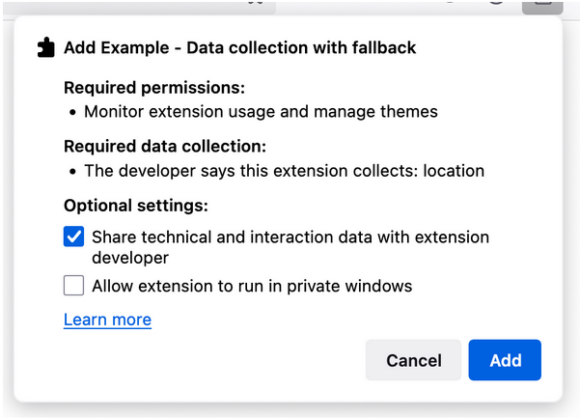 Screenshot of Firefox extension installation popup showing the new data collection settings