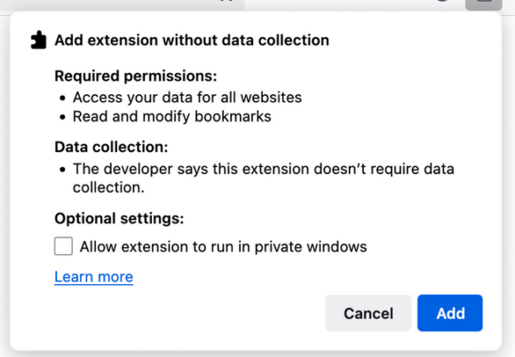Screenshot of the Firefox extension installation dialog showing no data collection by the extension