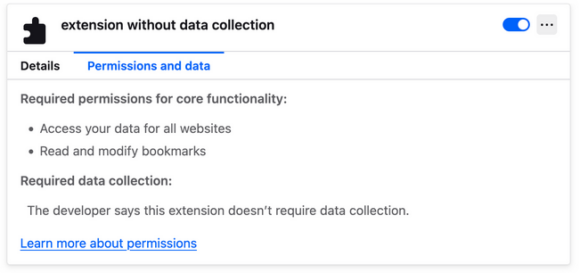 Screenshot of a Firefox extensions Permissions and data tab in about:addons showing no data collection by the extension