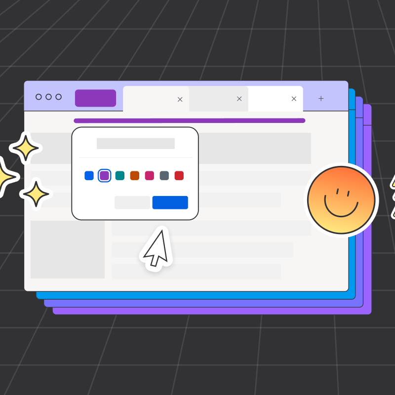 Illustration of a browser window with multiple colored tabs and a color selection popup, featuring playful icons like sparkles, a smiling face, and a lightning bolt, representing customization and organization in a tab management feature.