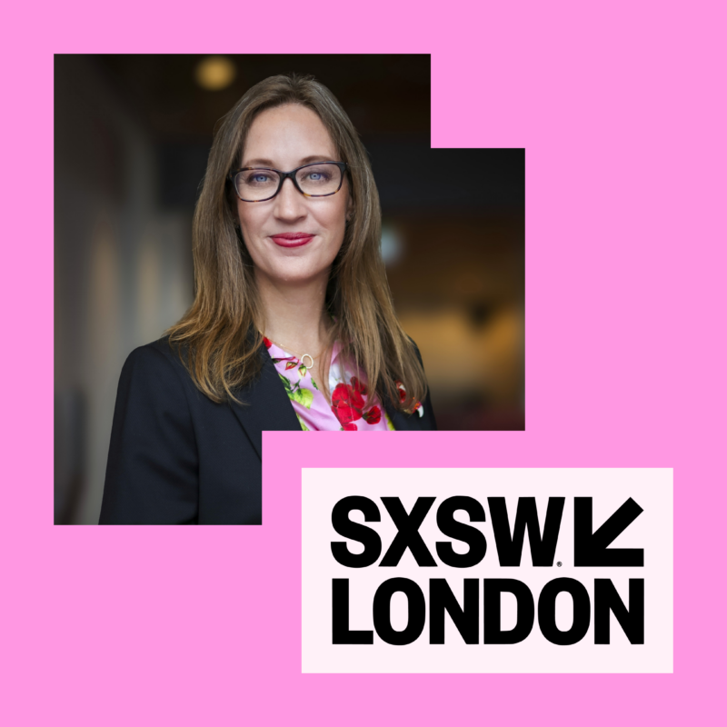 Portrait of a woman in glasses and a floral shirt under a blazer, next to the SXSW London logo on a bright pink background.